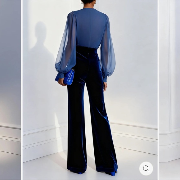 BLUE MESH V-NECK WOMENS LONG-SLEEVED VELVET JUMPSUIT - Picture 2 of 6